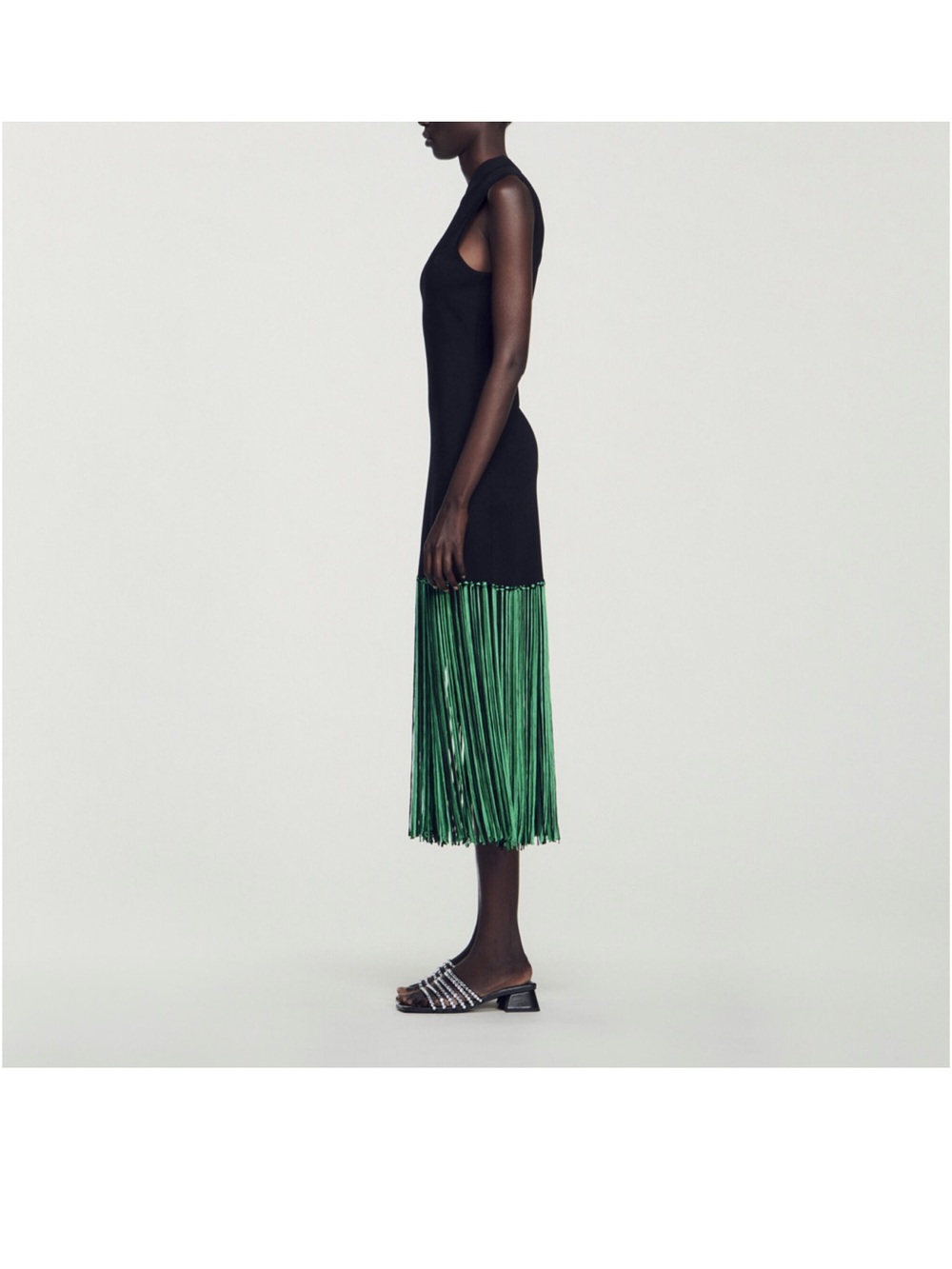 Sandro Black Sleeveless Maxi Dress with Green Fringe - Picture 3 of 5